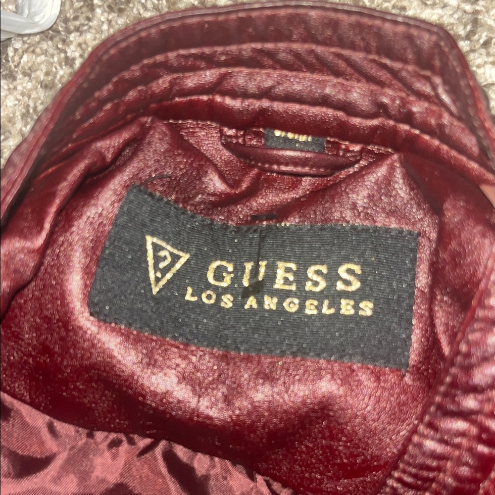 Guess Red 100% Genuine Leather Band Collar Moto Racer Jacket Size M